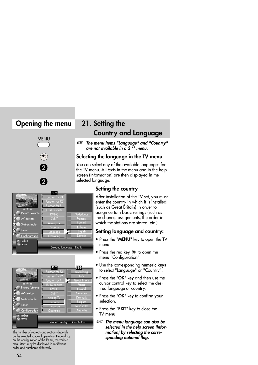 Metz Slim TV Opening the menu 21. Setting Country and Language, Selecting the language in the TV menu, Setting the country 