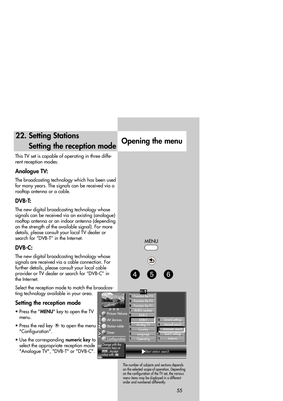 Metz Slim TV manual Setting the reception mode, Select the appropriate reception mode, Analogue TV, DVB-T or DVB-C 