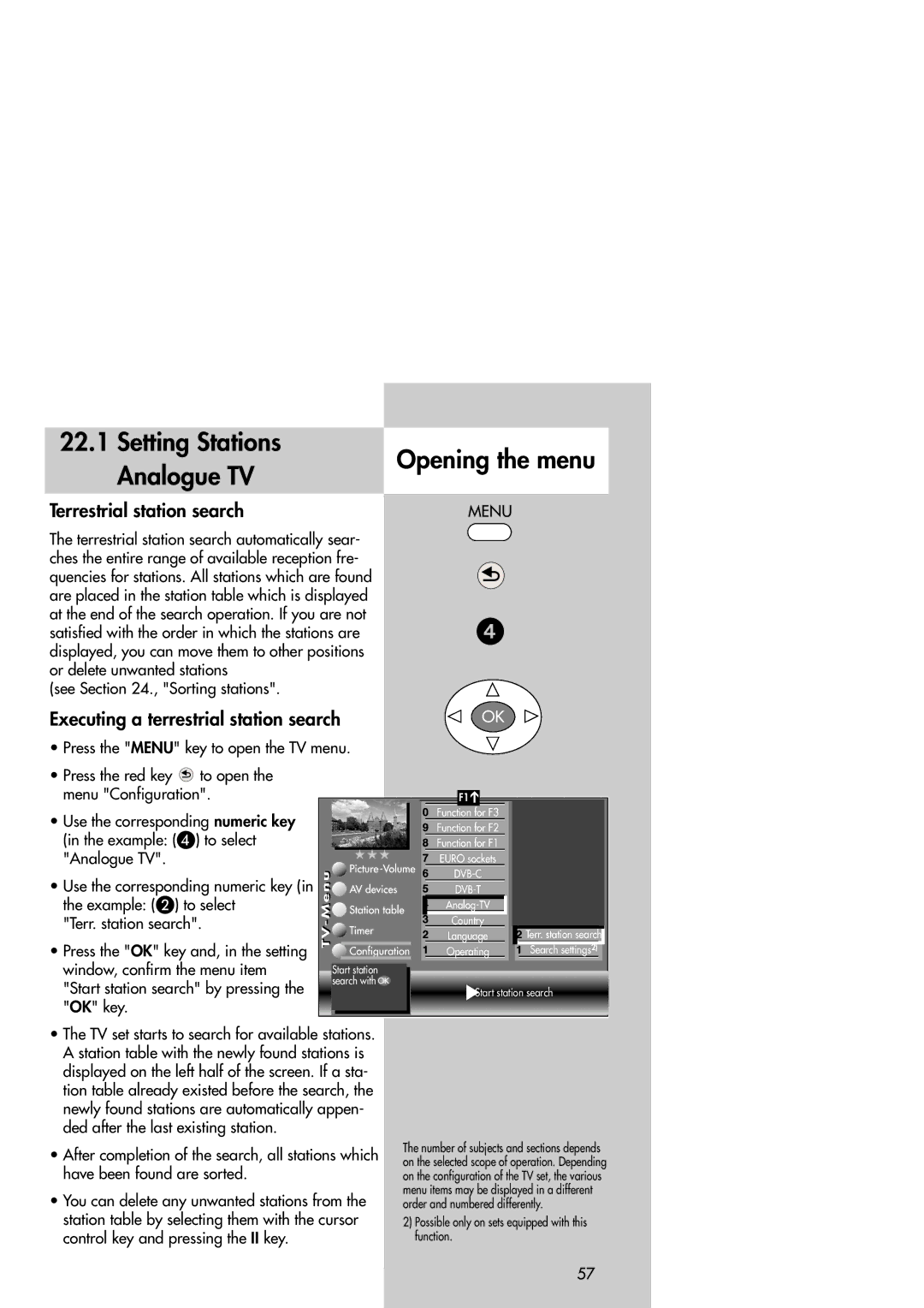 Metz Slim TV Setting Stations Analogue TV Opening the menu, Terrestrial station search, Start station search by pressing 