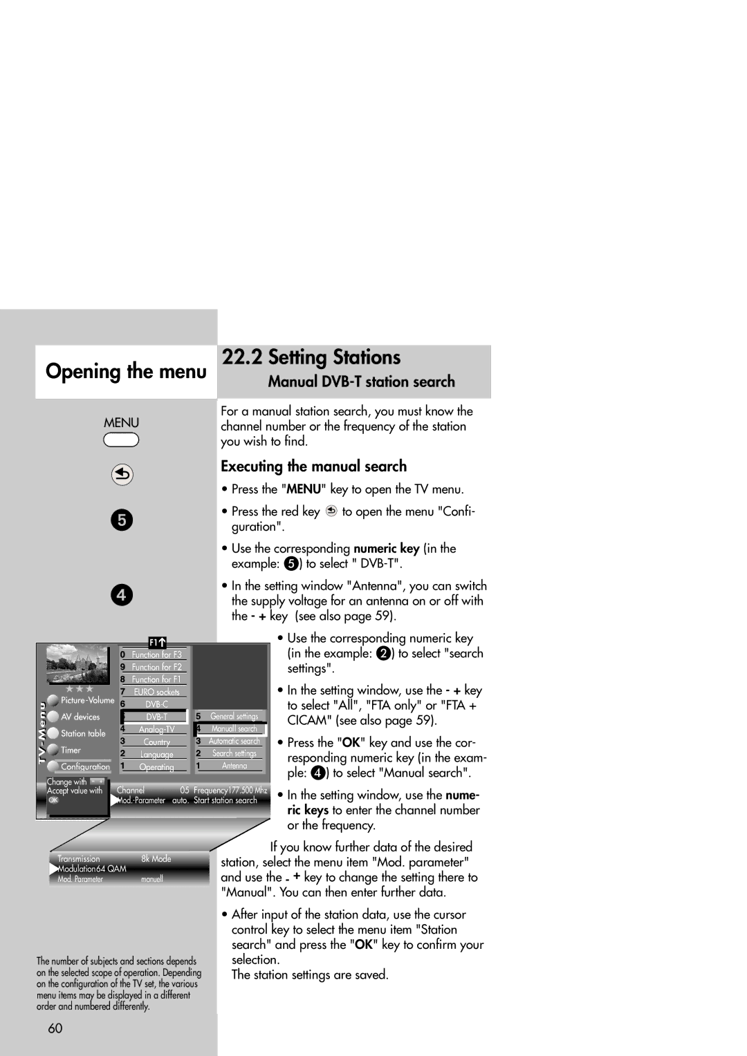 Metz Slim TV Manual DVB-T station search, Executing the manual search 