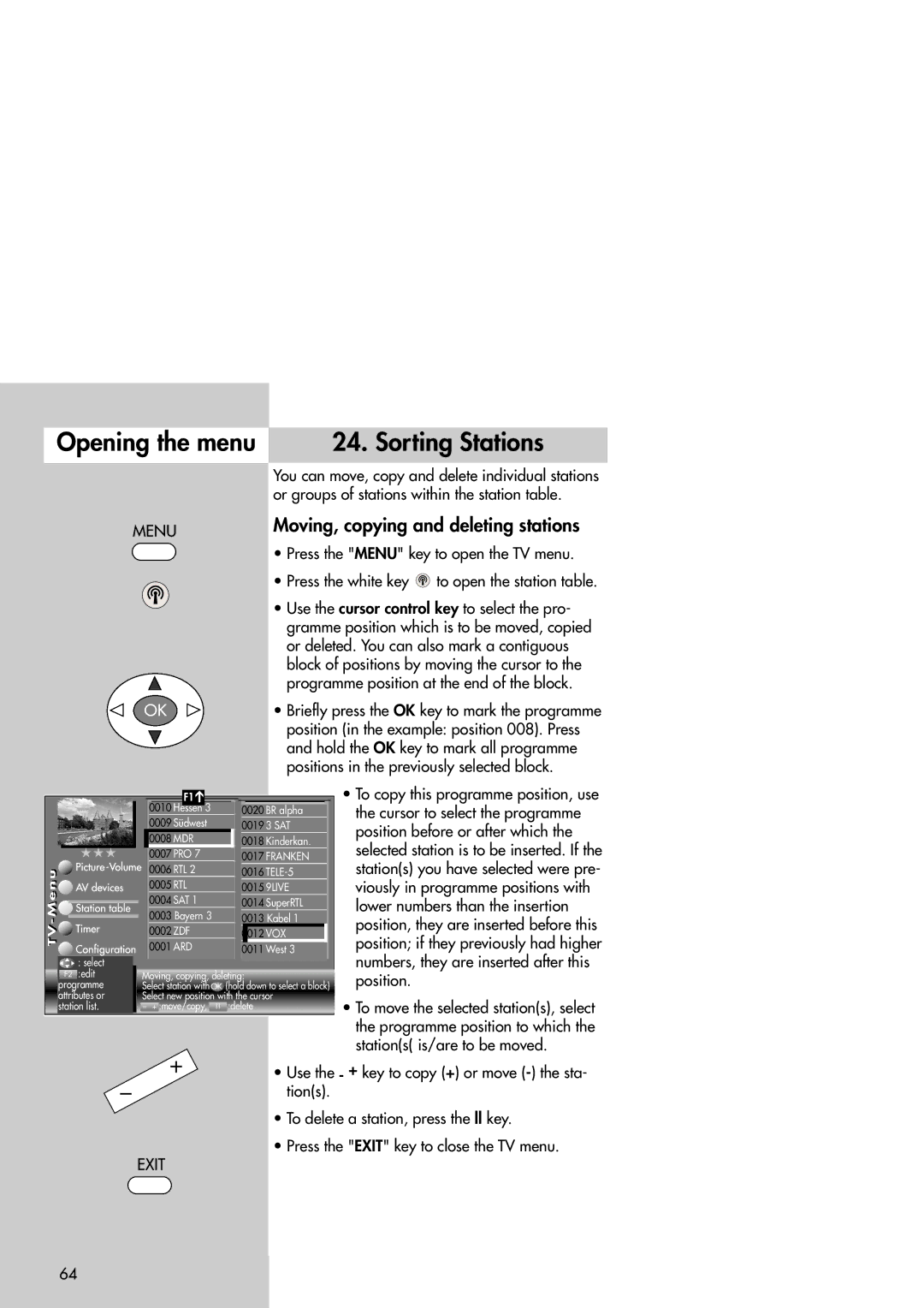 Metz Slim TV manual Opening the menu Sorting Stations, Moving, copying and deleting stations 