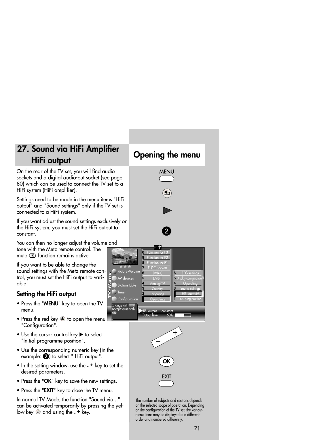 Metz Slim TV manual Sound via HiFi Amplifier Opening the menu HiFi output, Tone with the Metz remote control, Able 