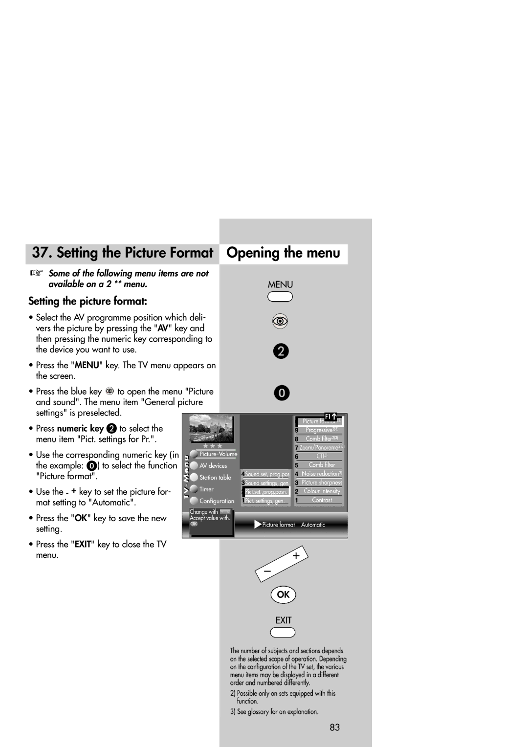 Metz Slim TV Setting the Picture Format Opening the menu, Setting the picture format, Press the OK key to save the new 