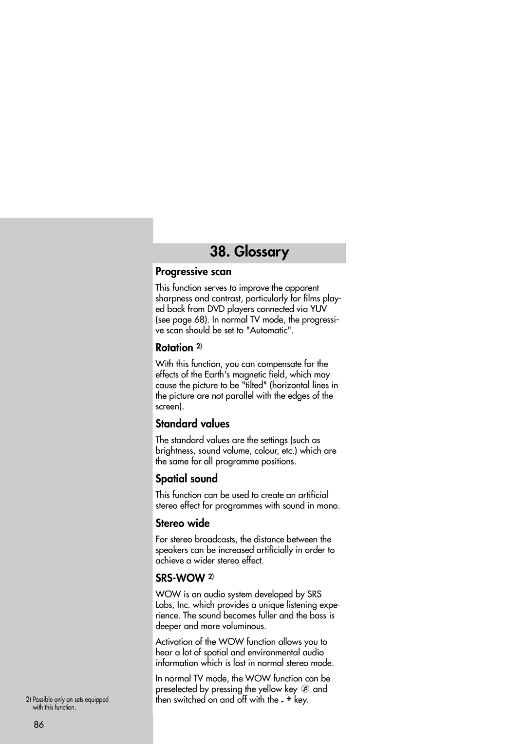 Metz Slim TV manual Progressive scan, Rotation, Standard values, Spatial sound, Stereo wide 