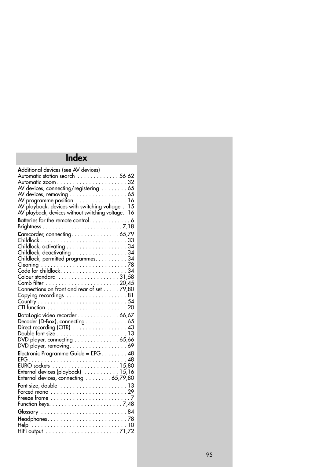 Metz Slim TV manual Index, Additional devices see AV devices, Glossary 