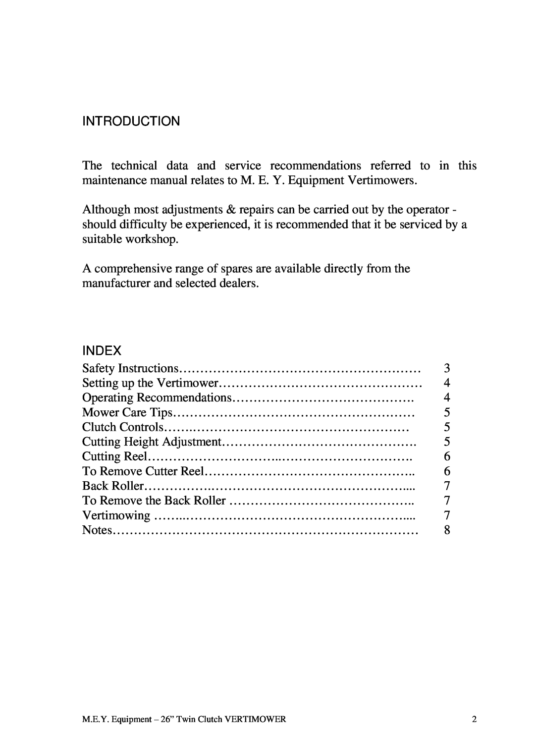 M.E.Y. Equipment 26TCVM owner manual Introduction, Index 