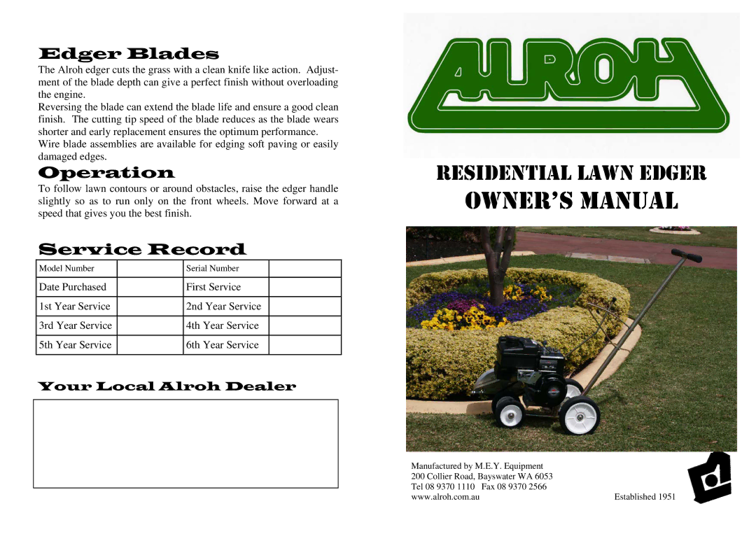 M.E.Y. Equipment ALROH EDGER owner manual Residential Lawn Edger, Edger Blades, Operation, Service Record 