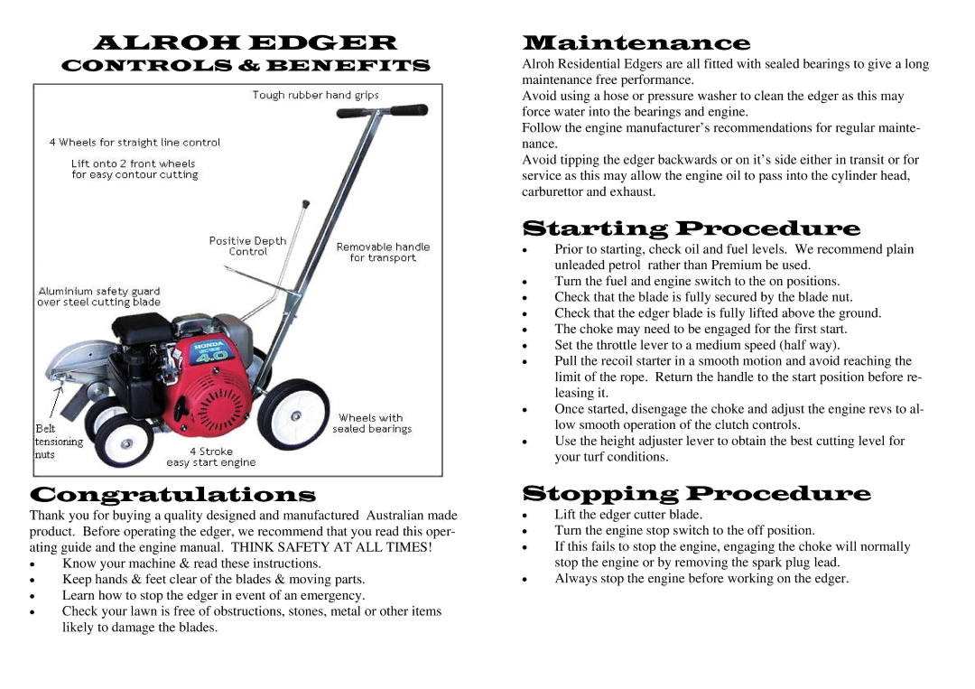 M.E.Y. Equipment ALROH EDGER owner manual Alroh Edger, Congratulations, Maintenance, Starting Procedure, Stopping Procedure 