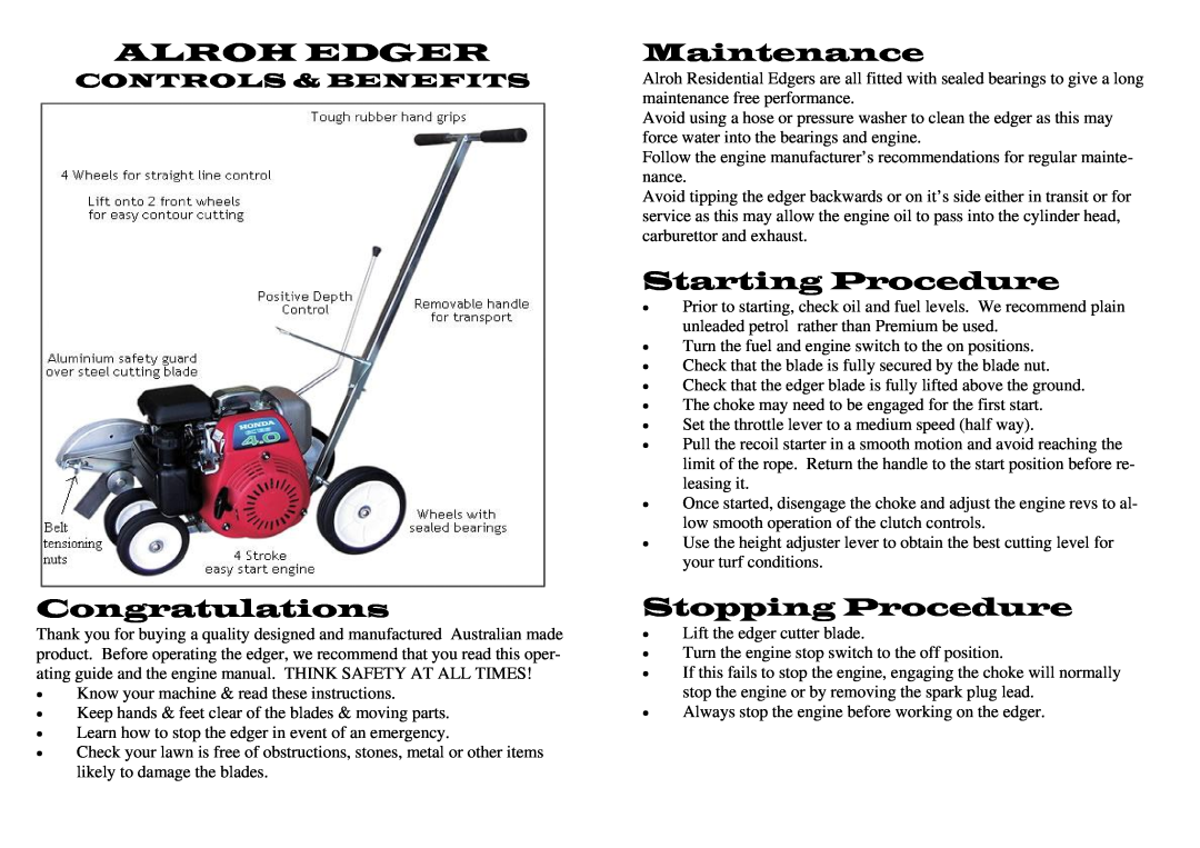 M.E.Y. Equipment ALROH EDGER owner manual Alroh Edger, Congratulations, Maintenance, Starting Procedure, Stopping Procedure 
