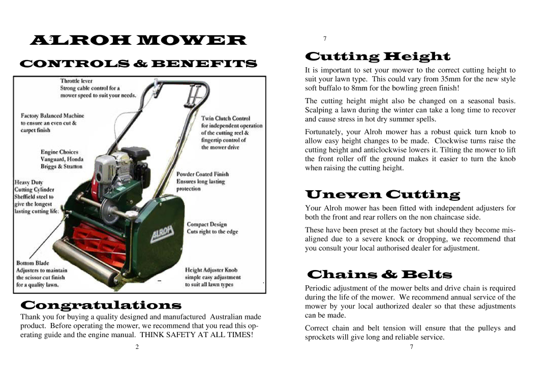 M.E.Y. Equipment Residential Cylinder Mower owner manual Congratulations, Cutting Height, Uneven Cutting, Chains & Belts 