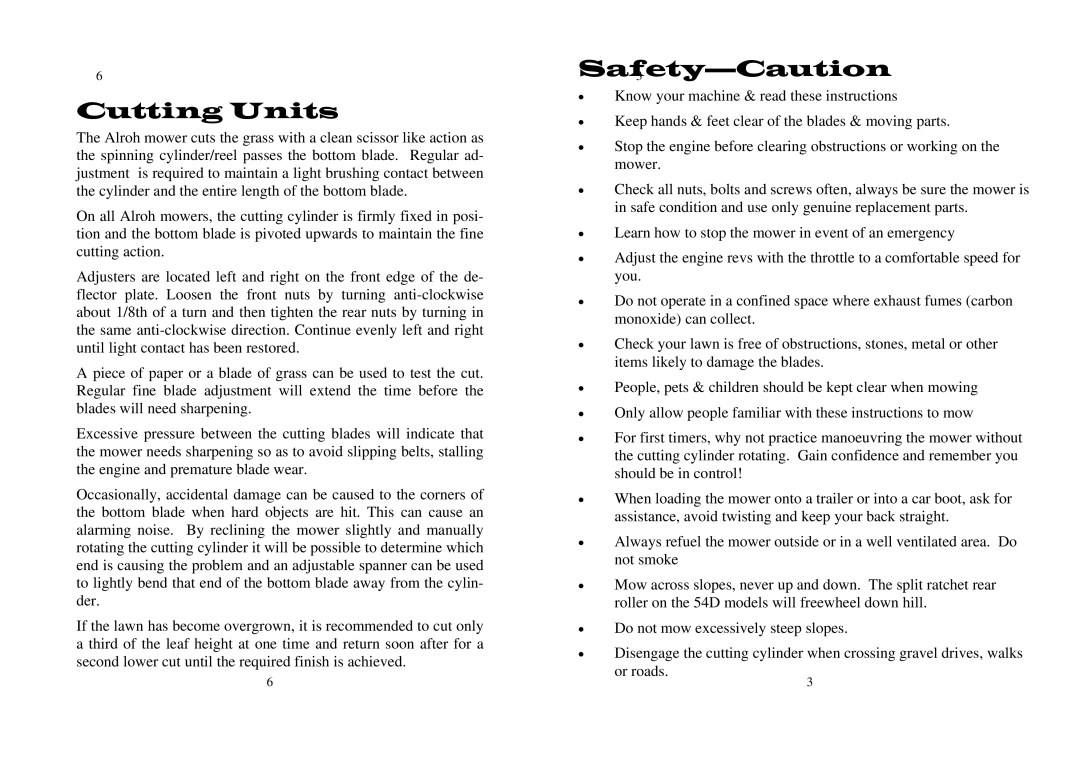 M.E.Y. Equipment Residential Cylinder Mower owner manual Cutting Units, Safety3 -Caution 