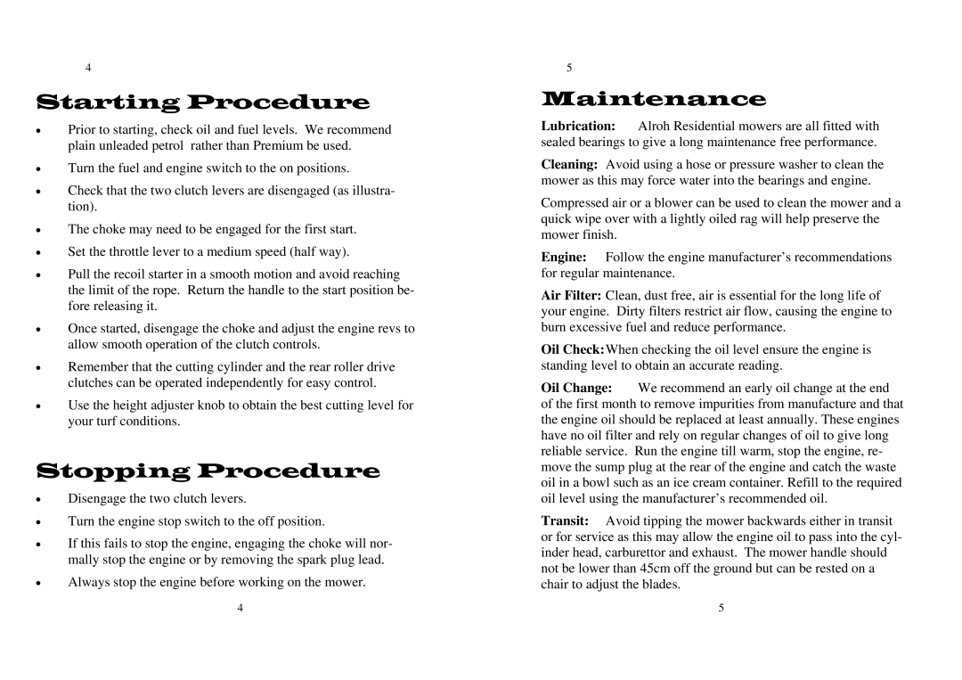 M.E.Y. Equipment Residential Cylinder Mower owner manual Starting Procedure, Stopping Procedure, Maintenance 