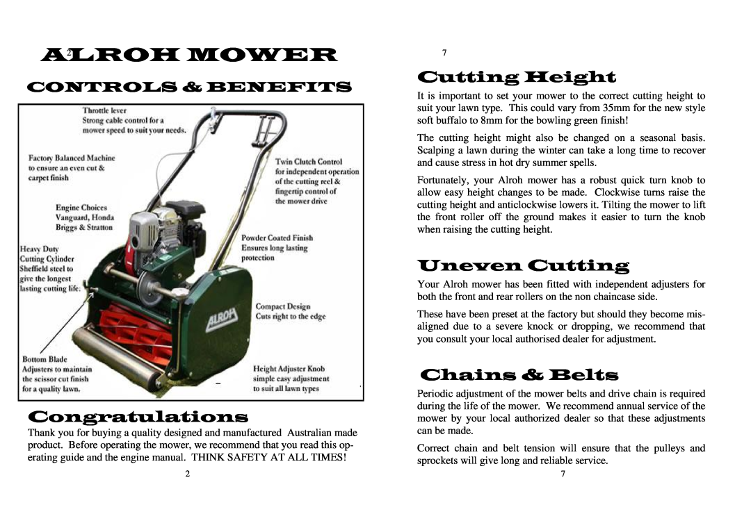 M.E.Y. Equipment Residential Cylinder Mower Congratulations, Cutting Height, Uneven Cutting, Chains & Belts, ALROH2MOWER 