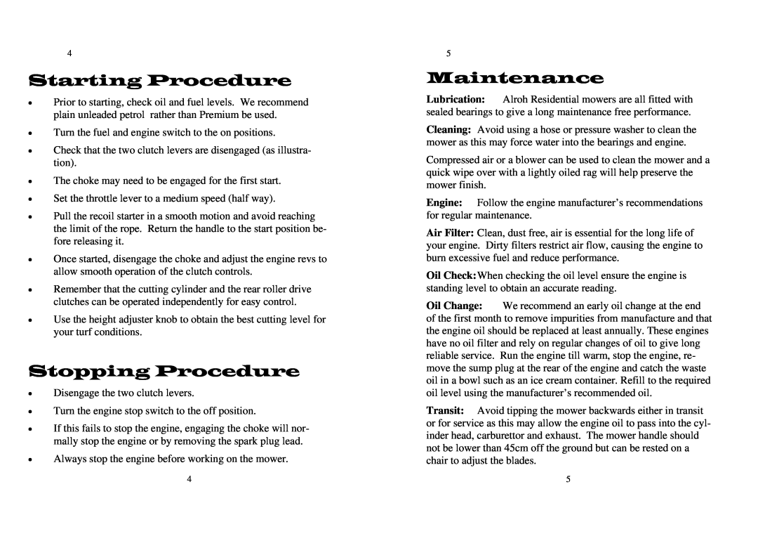 M.E.Y. Equipment Residential Cylinder Mower owner manual Starting Procedure, Stopping Procedure, Maintenance 