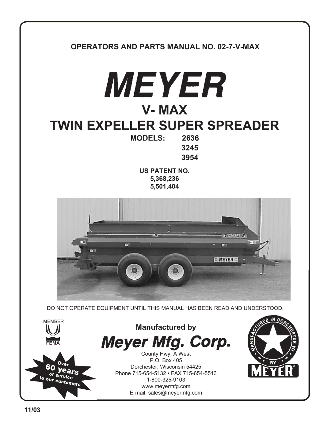 Meyer 2636, 3954, 3245 manual MAX Twin Expeller Super Spreader, Operators and Parts Manual no -7-V-MAX 