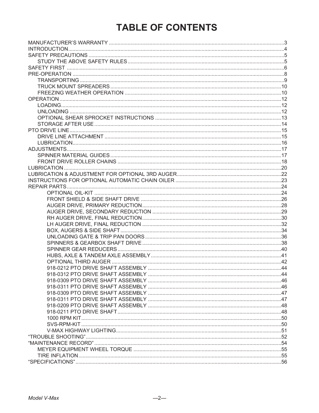 Meyer 3245, 3954, 2636 manual Table of Contents 