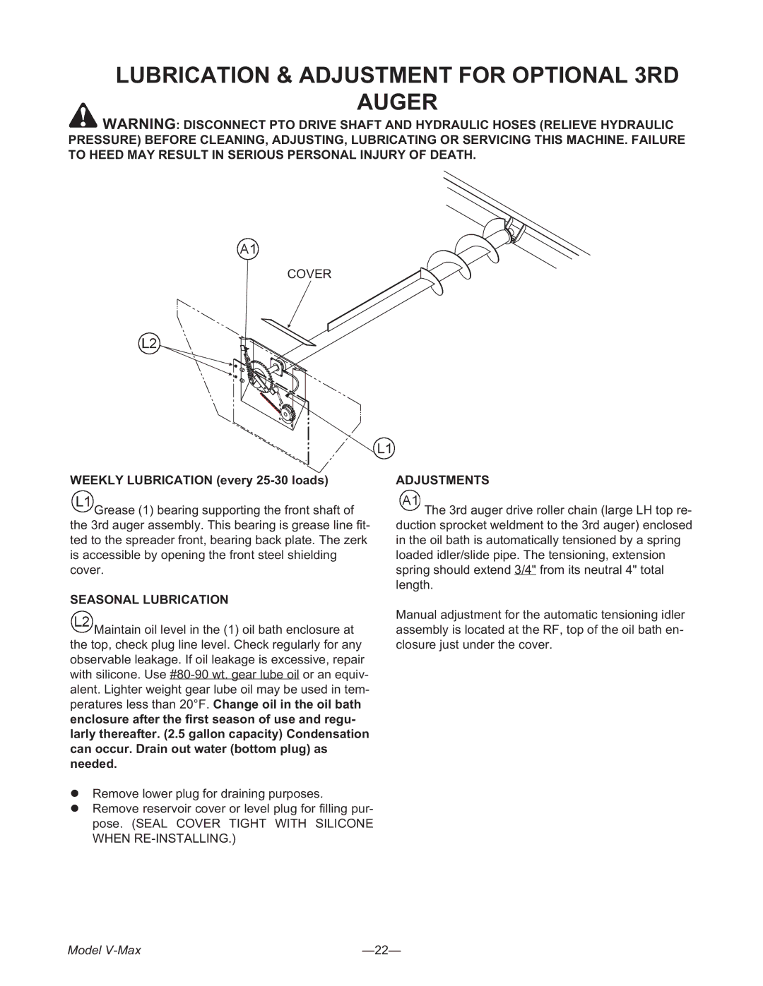 Meyer 2636, 3954, 3245 manual Lubrication & Adjustment for Optional 3RD Auger, Seasonal Lubrication, Adjustments 