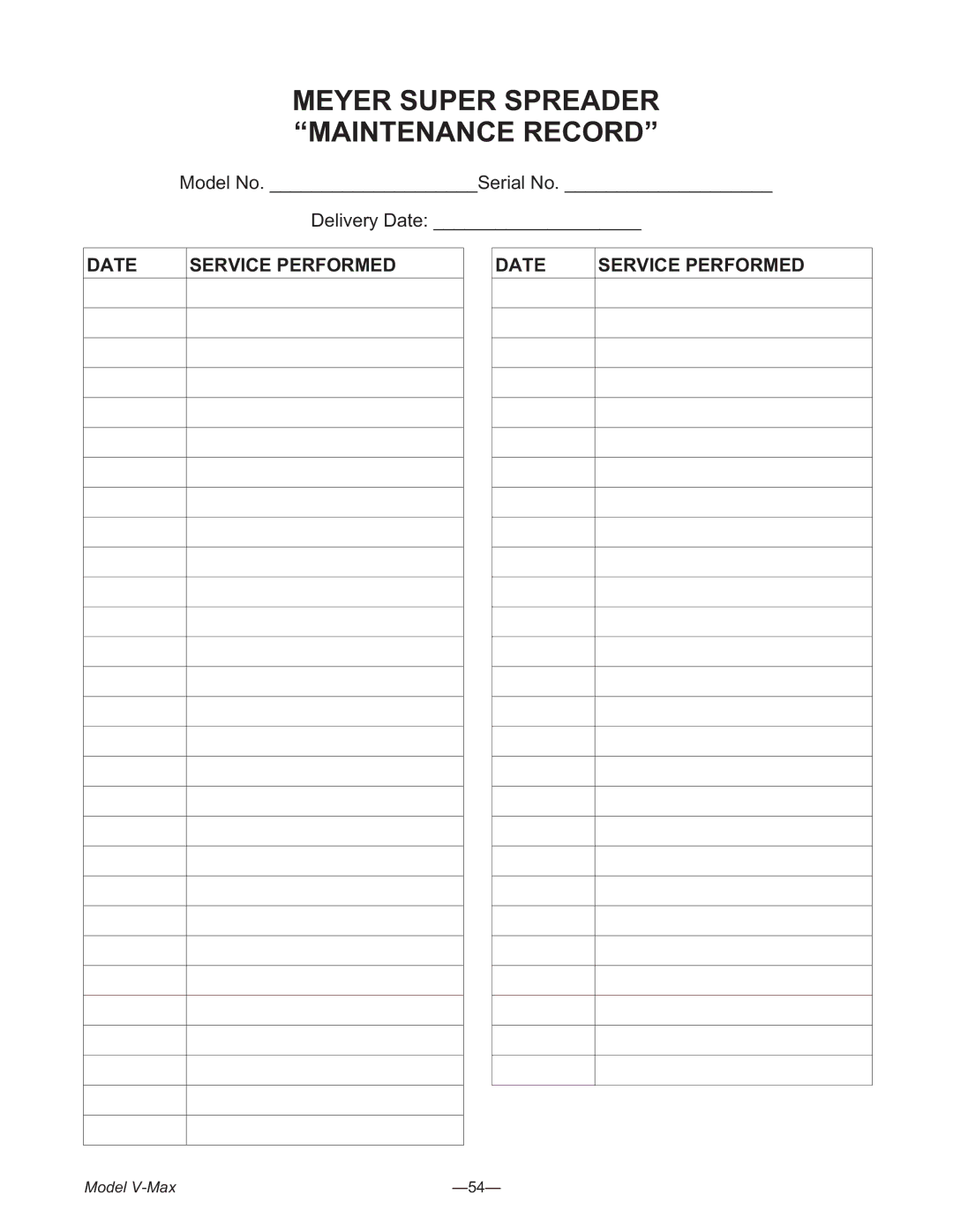 Meyer 3954, 2636, 3245 manual Meyer Super Spreader Maintenance Record 