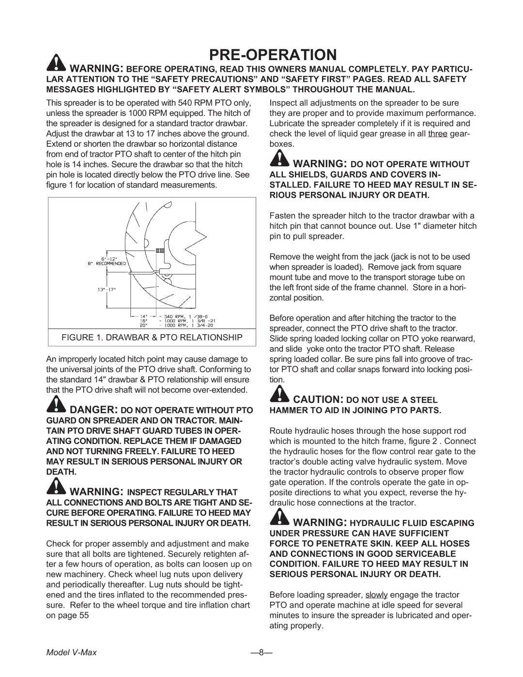 Meyer 3245, 3954, 2636 manual Pre-Operation, Drawbar & PTO Relationship 