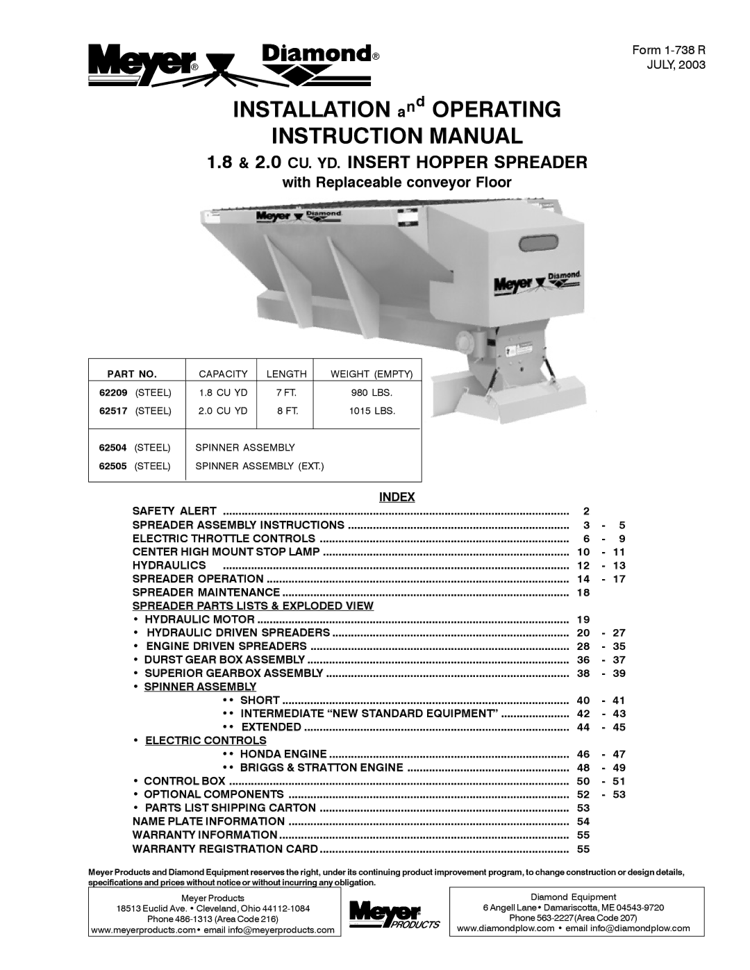 Meyer 62505, 62517, 62209, 62504 instruction manual 2.0 CU. YD. Insert Hopper Spreader, Index 