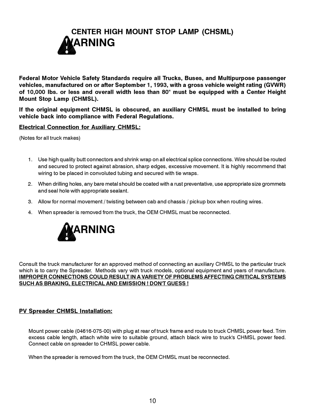 Meyer 62209, 62517, 62505, 62504 instruction manual Center High Mount Stop Lamp Chsml, PV Spreader Chmsl Installation 