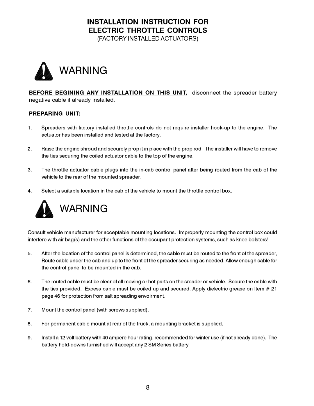 Meyer 62517, 62505, 62209, 62504 Installation Instruction for Electric Throttle Controls, Factory Installed Actuators 