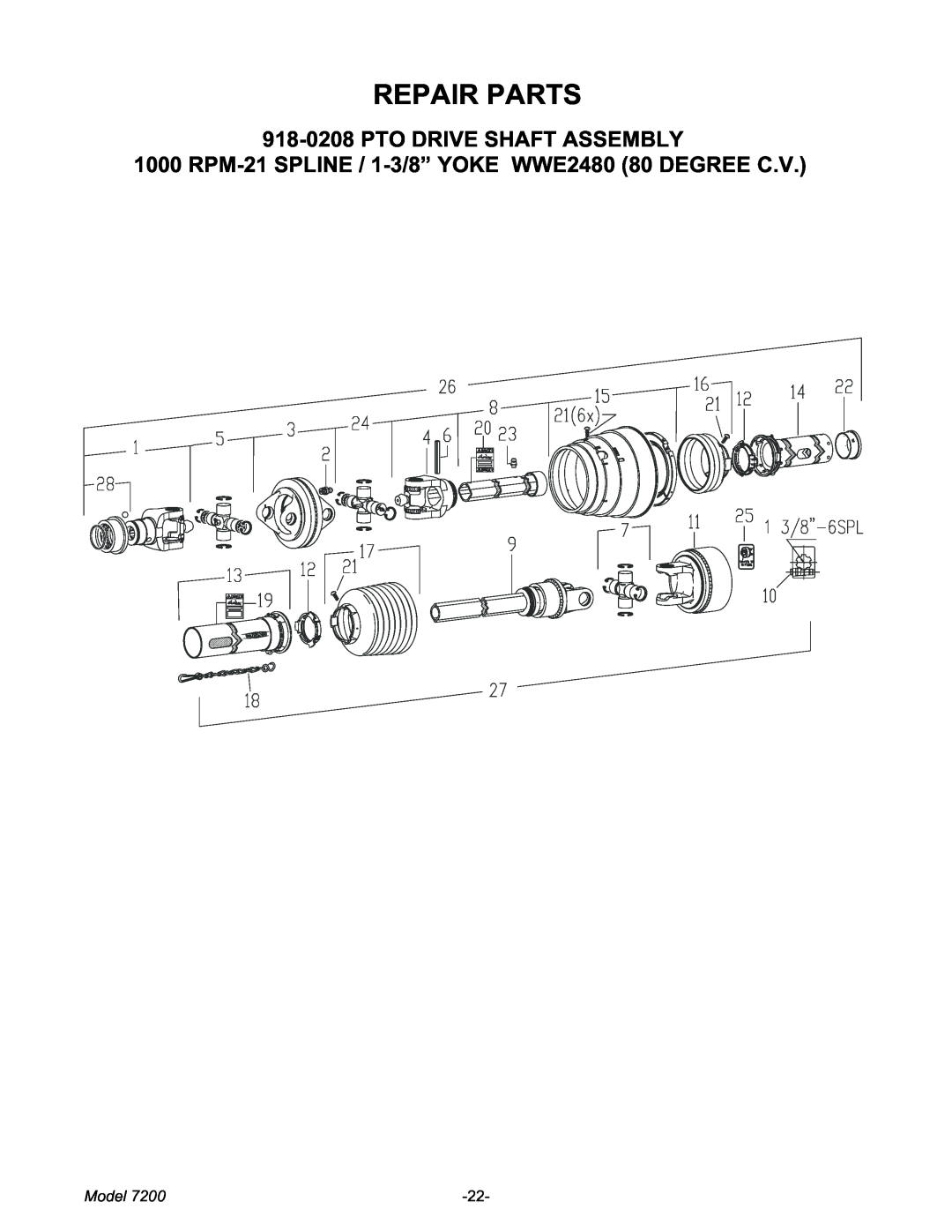 Meyer 7200 manual Repair Parts, 918-0208PTO DRIVE SHAFT ASSEMBLY, Model 