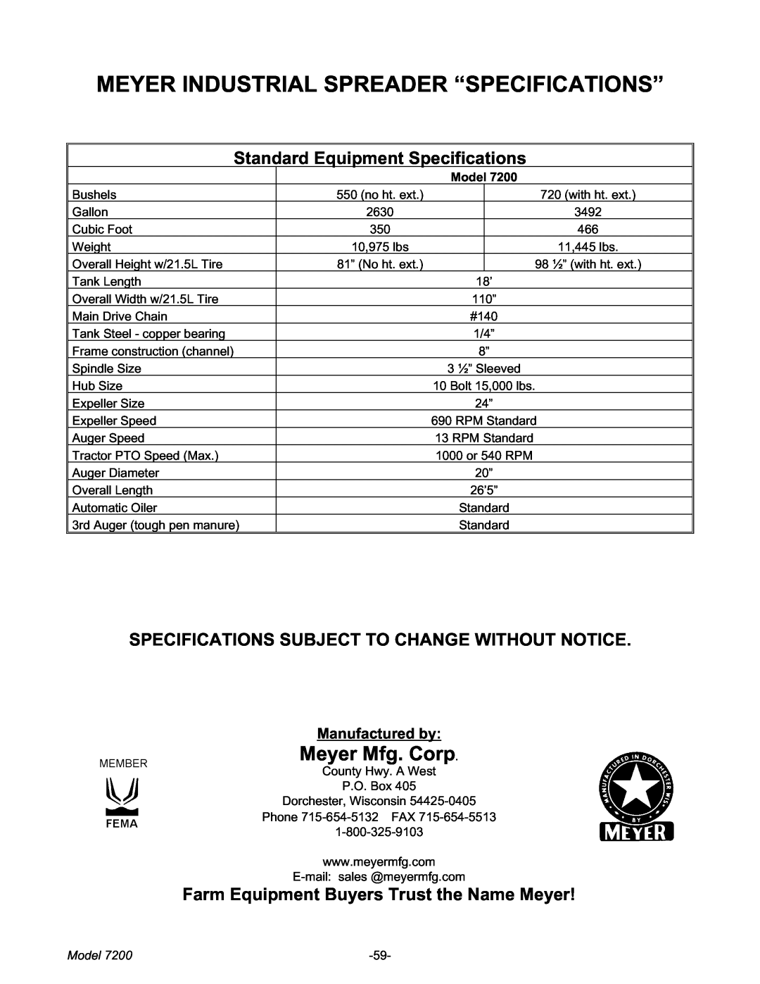 Meyer 7200 manual Meyer Industrial Spreader “Specifications”, Standard Equipment Specifications, Meyer Mfg. Corp, Model 