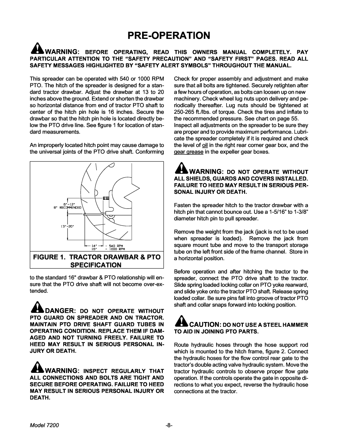 Meyer 7200 manual Pre-Operation, Tractor Drawbar & Pto Specification, Model 