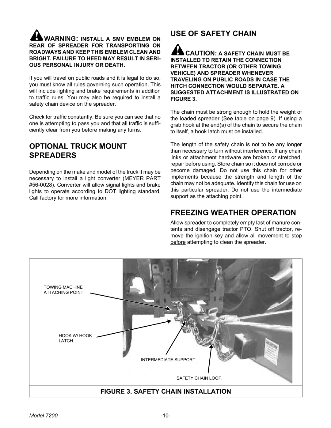 Meyer 7200 manual Optional Truck Mount Spreaders, USE of Safety Chain, Freezing Weather Operation 