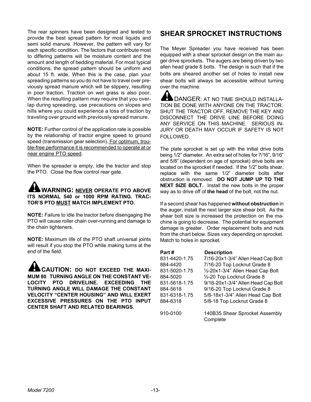 Meyer 7200 manual Shear Sprocket Instructions, Description 