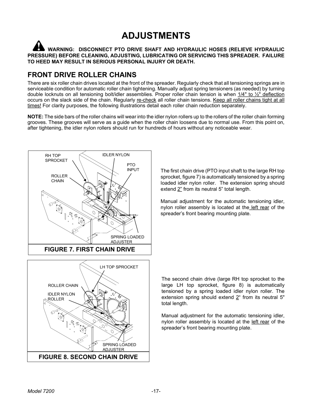 Meyer 7200 manual Adjustments, Front Drive Roller Chains 