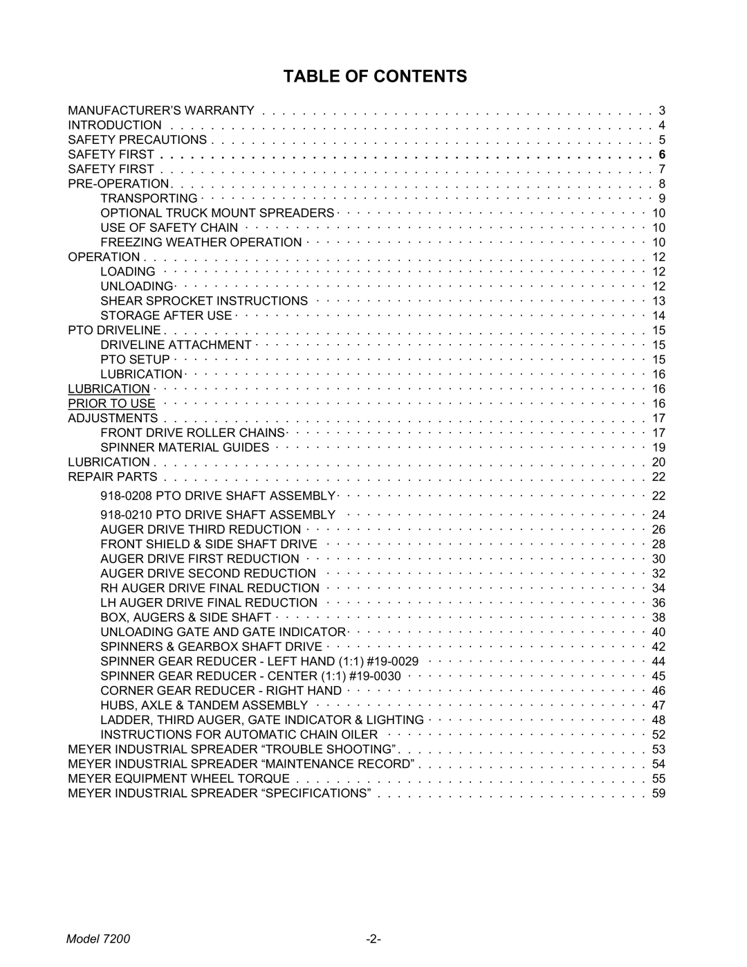 Meyer 7200 manual Table of Contents 