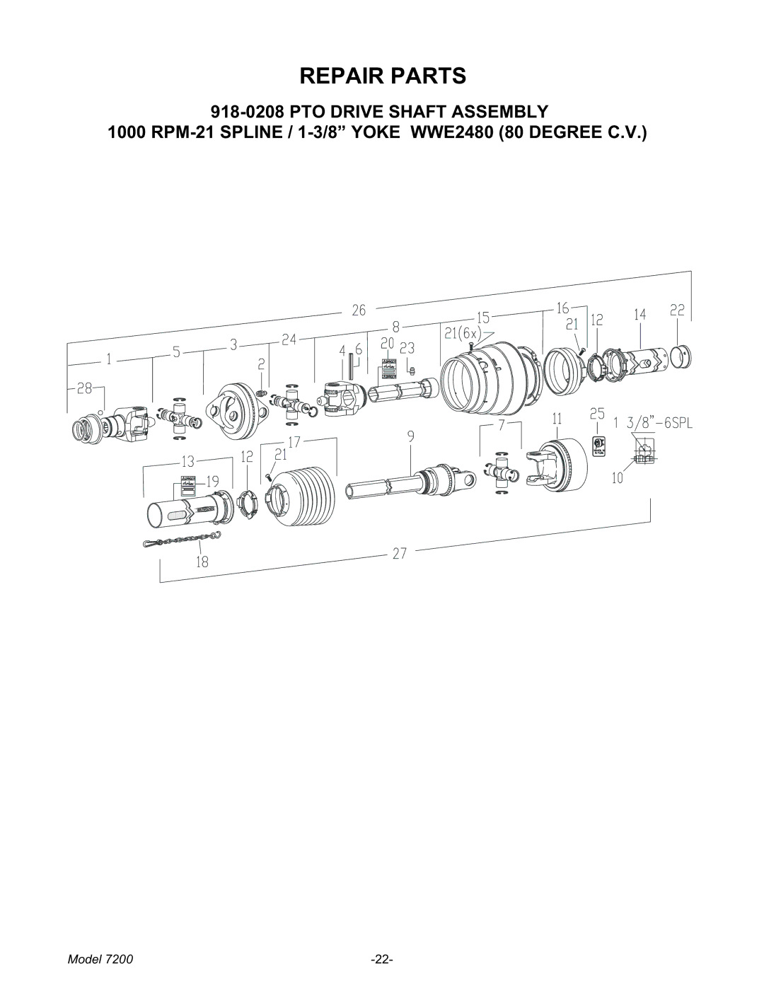 Meyer 7200 manual Repair Parts, PTO Drive Shaft Assembly 