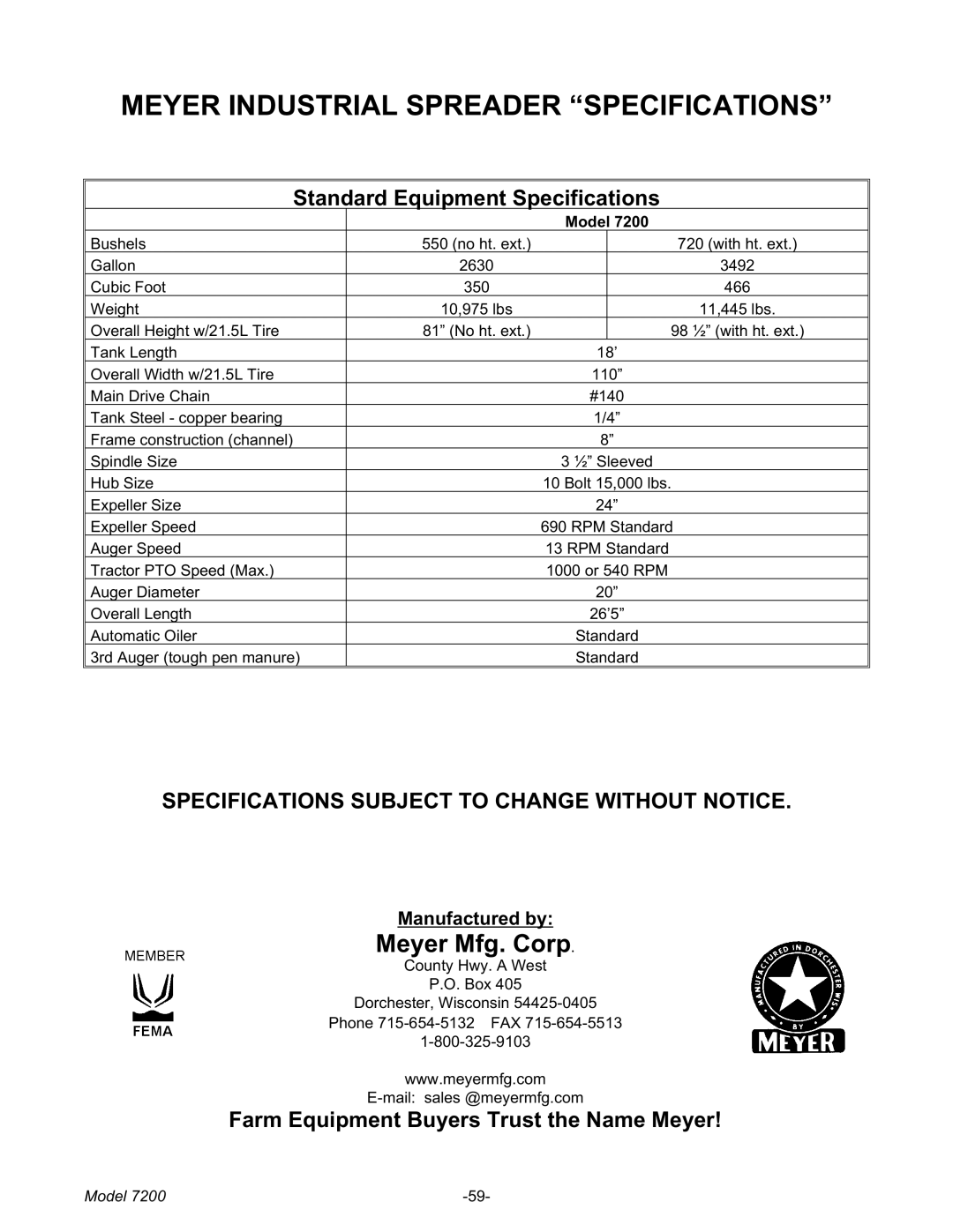 Meyer 7200 manual Meyer Industrial Spreader Specifications, Specifications Subject to Change Without Notice, Model 