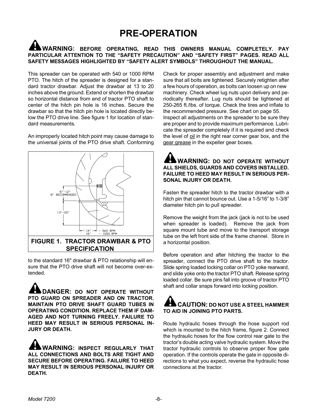 Meyer 7200 manual Pre-Operation, Tractor Drawbar & PTO Specification 