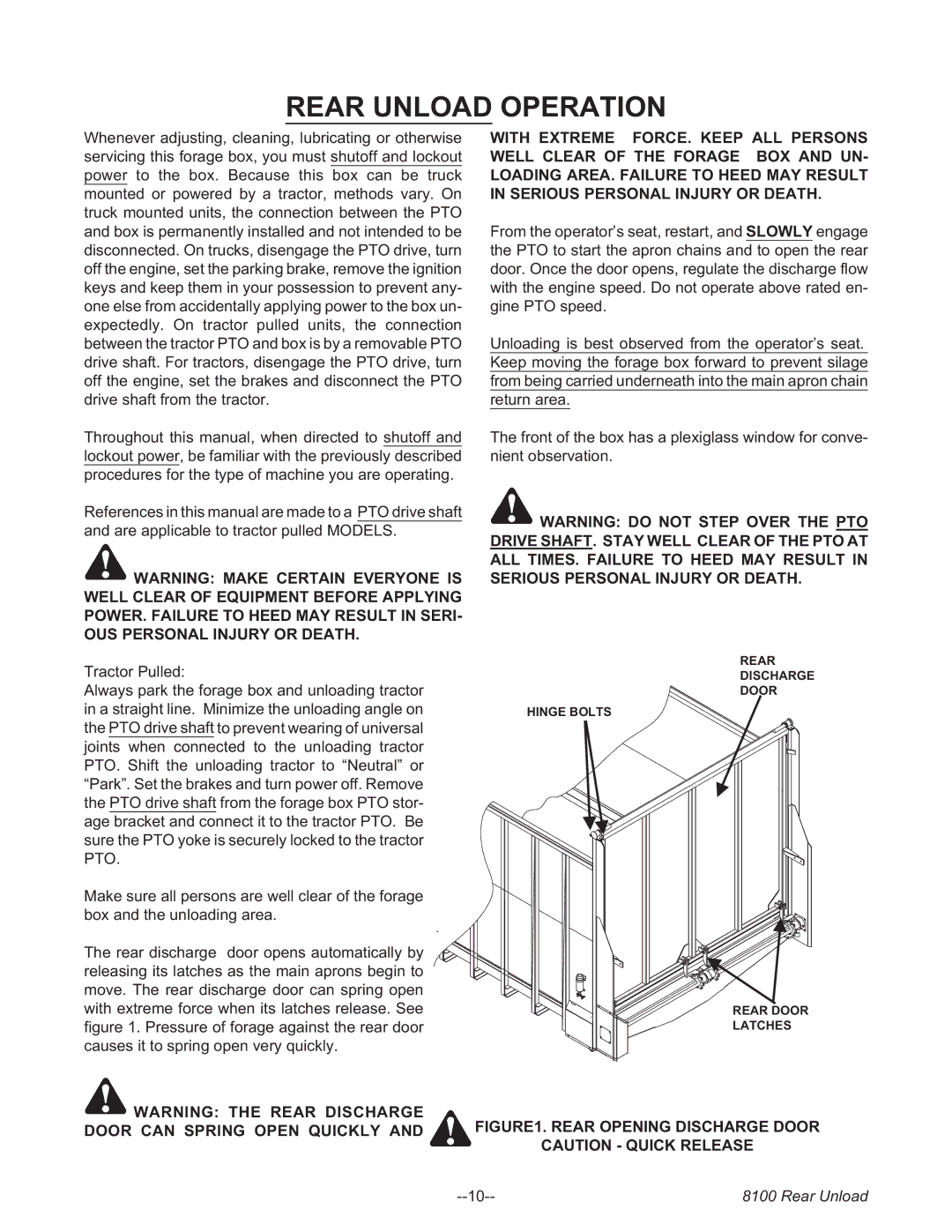 Meyer 8120, 8124, 8118, 8122, 8100 SERIES BOSS REAR UNLOAD FORAGE BOX Rear Unload Operation, Rear Opening Discharge Door 