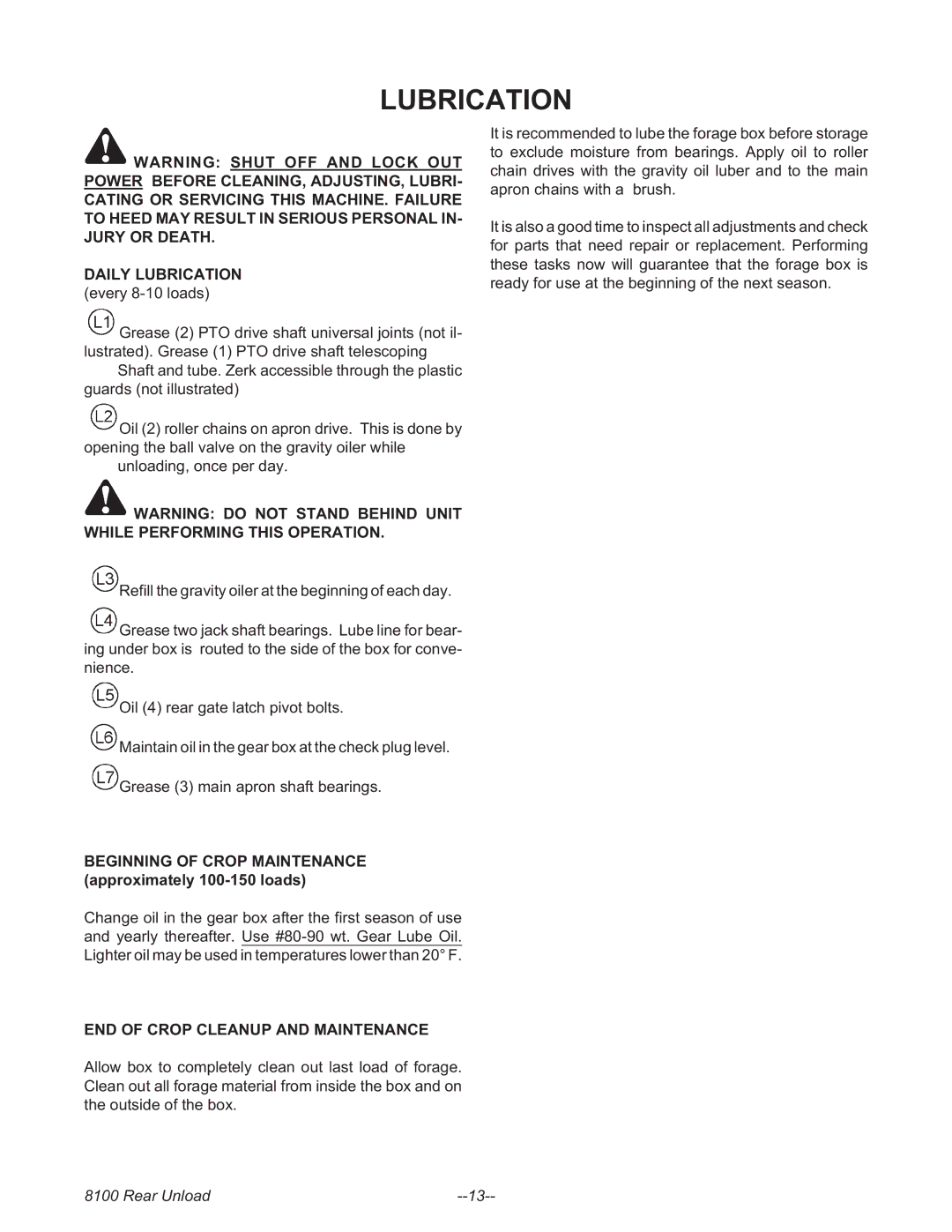 Meyer 8100 SERIES BOSS REAR UNLOAD FORAGE BOX, 8124, 8120, 8118, 8122 manual Lubrication, END of Crop Cleanup and Maintenance 