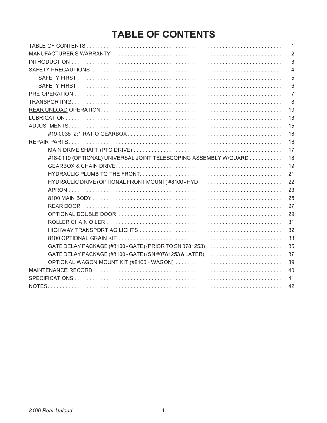 Meyer 8118, 8124, 8120, 8122, 8100 SERIES BOSS REAR UNLOAD FORAGE BOX manual Table of Contents 