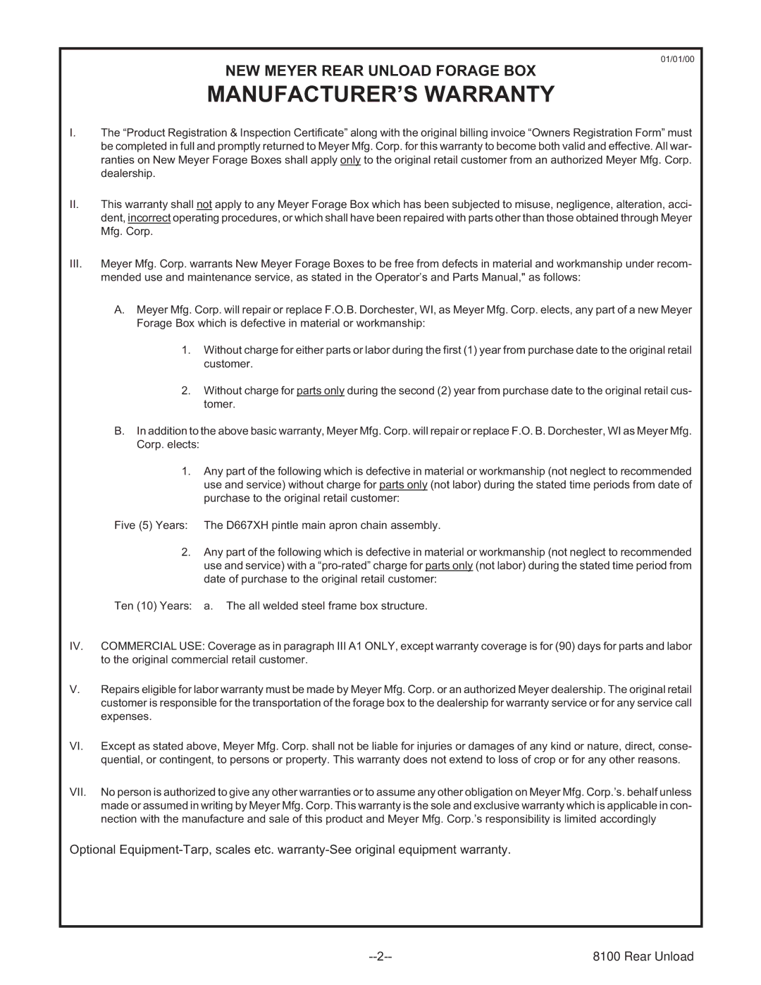 Meyer 8122, 8124, 8120, 8118, 8100 SERIES BOSS REAR UNLOAD FORAGE BOX manual MANUFACTURER’S Warranty, Vii 