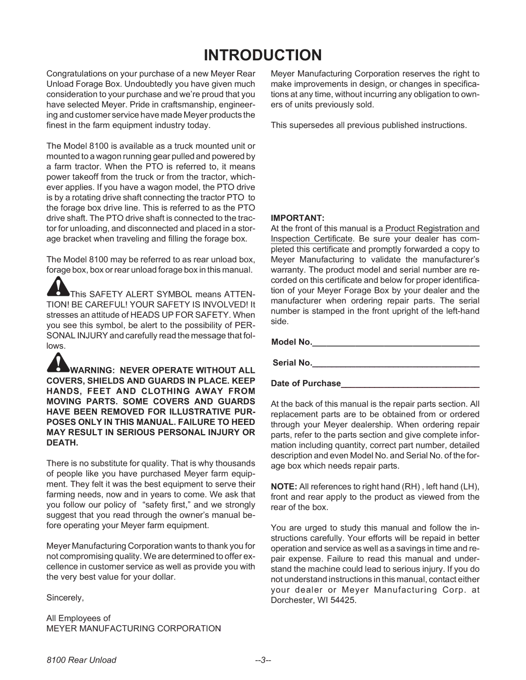 Meyer 8100 SERIES BOSS REAR UNLOAD FORAGE BOX, 8124, 8120, 8118, 8122 manual Introduction, Meyer Manufacturing Corporation 