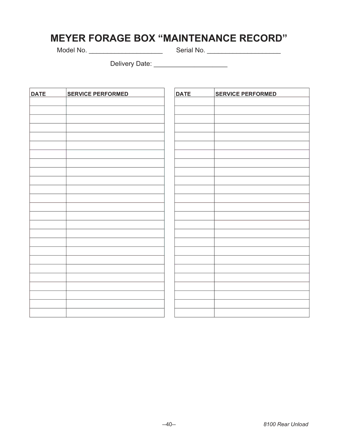 Meyer 8120, 8124, 8118, 8122 manual Meyer Forage BOX Maintenance Record, Date Service Performed 