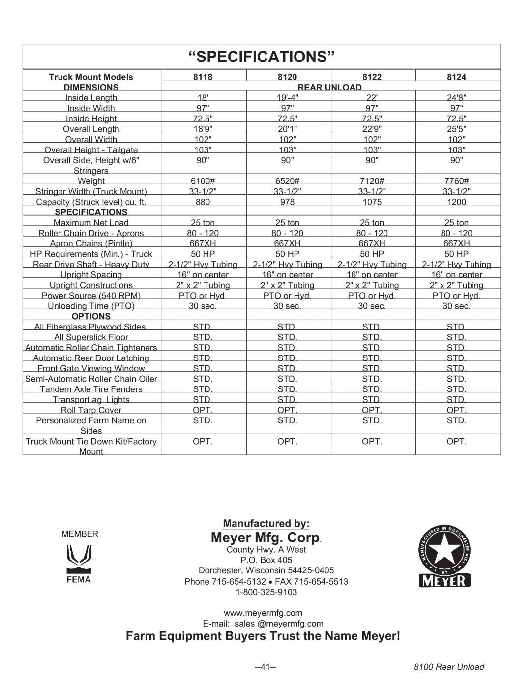 Meyer 8118, 8124, 8120, 8122, 8100 SERIES BOSS REAR UNLOAD FORAGE BOX manual Specifications, Dimensions Rear Unload, Options 