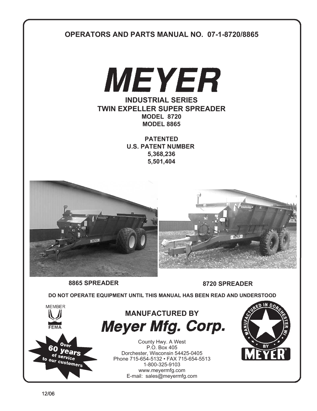 Meyer manual OPERATORS AND PARTS MANUAL NO. 07-1-8720/8865 INDUSTRIAL SERIES, Twin Expeller Super Spreader 