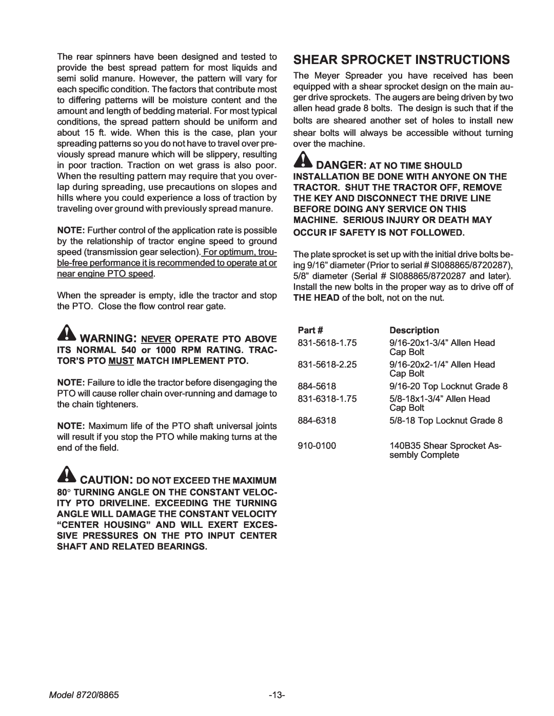 Meyer manual Shear Sprocket Instructions, Model 8720/8865 