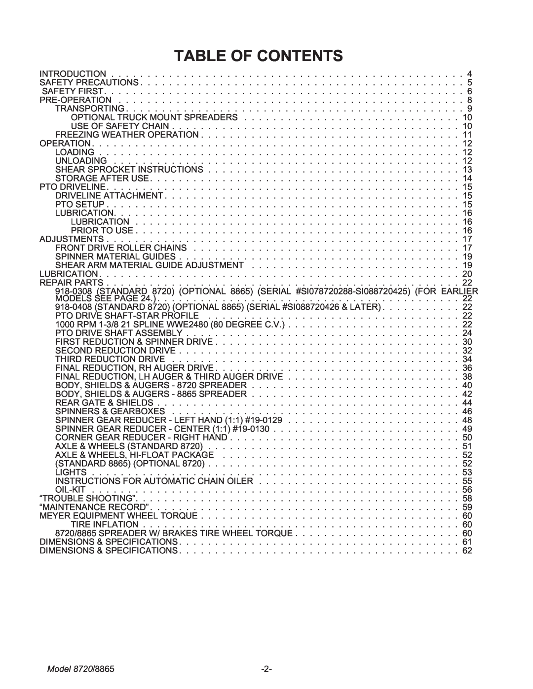 Meyer manual Table Of Contents, Model 8720/8865 