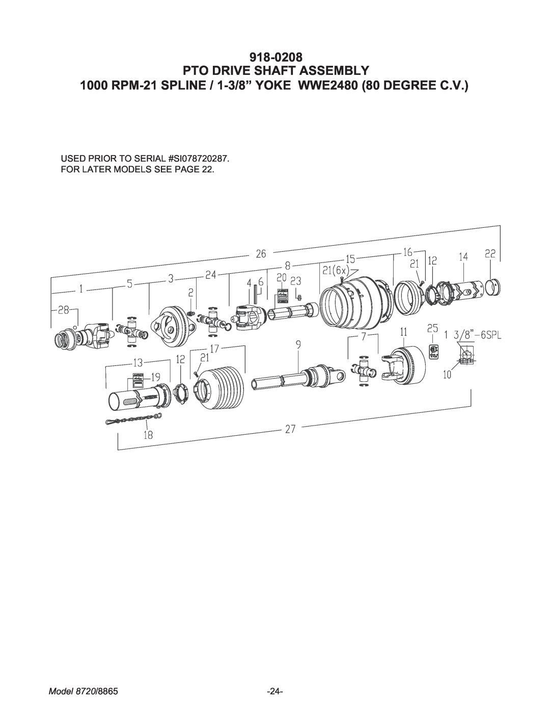 Meyer manual Pto Drive Shaft Assembly, RPM-21 SPLINE / 1-3/8” YOKE WWE2480 80 DEGREE C.V, Model 8720/8865 