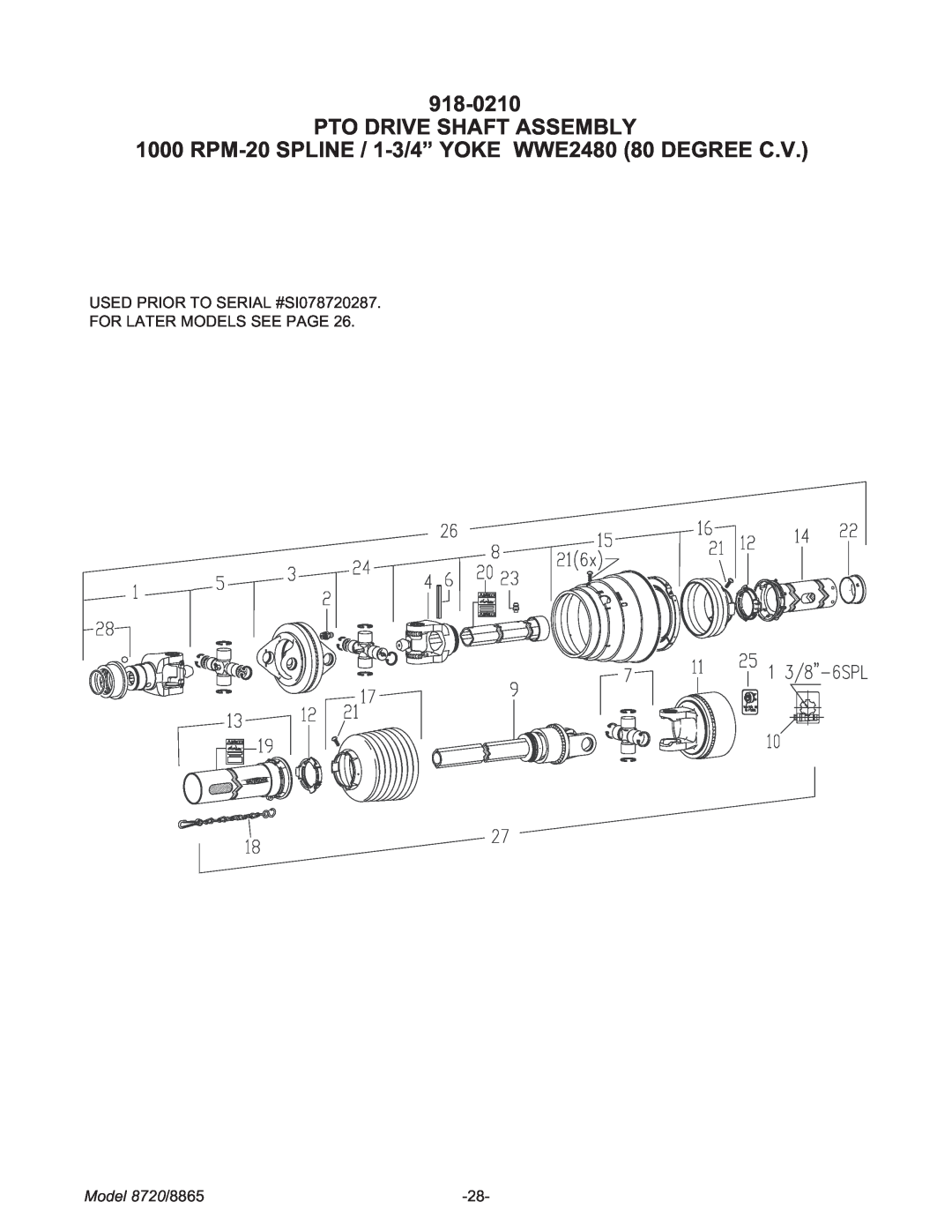 Meyer manual Pto Drive Shaft Assembly, RPM-20 SPLINE / 1-3/4” YOKE WWE2480 80 DEGREE C.V, Model 8720/8865 