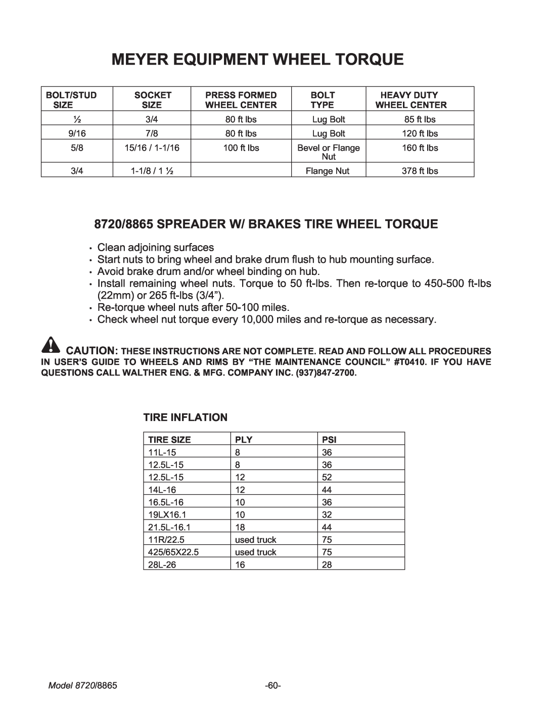 Meyer manual Meyer Equipment Wheel Torque, 8720/8865 SPREADER W/ BRAKES TIRE WHEEL TORQUE, Tire Inflation 