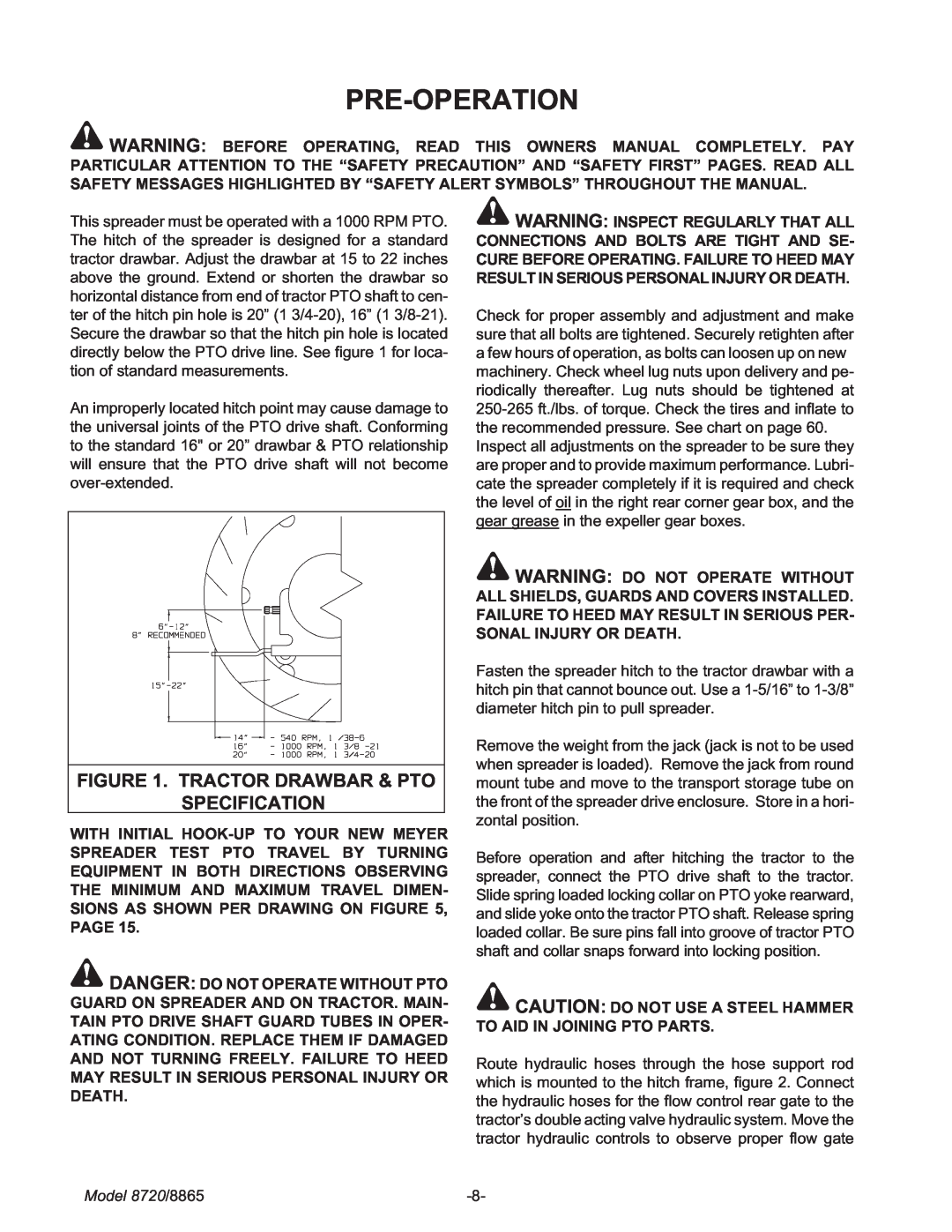Meyer manual Pre-Operation, Tractor Drawbar & Pto Specification, Model 8720/8865 
